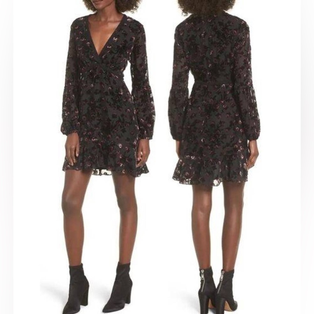 WAYF Brayden Long Sleeve Black with Red Roses Embroidered Velvet Dress Medium